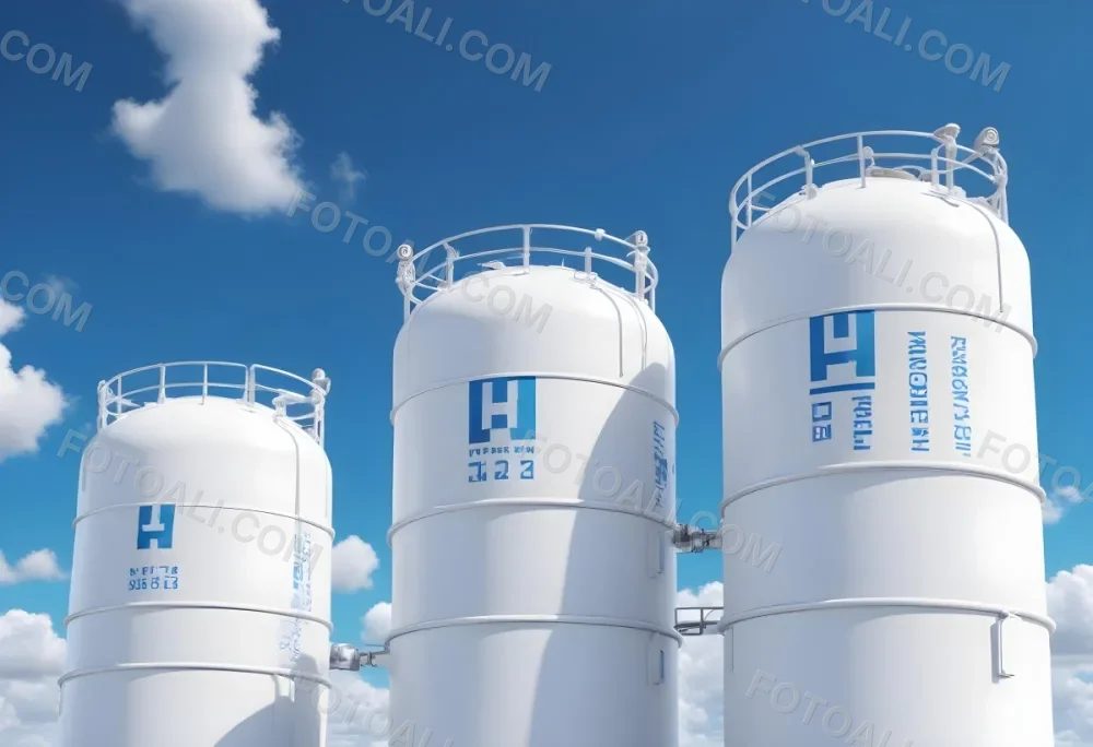 White Hydrogen Tanks With Blue H2 Labels Cylindrical Shape Industrial Design Against A Clear Blue Sky With Some Clouds Clean And Modern Aesthetic 11 Dea6