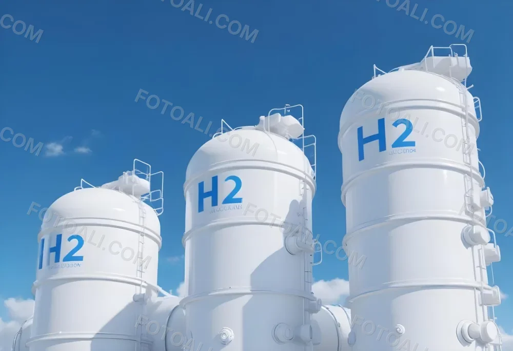 White Hydrogen Tanks With Blue H2 Labels Cylindrical Shape Industrial Design Against A Clear Blue Sky With Some Clouds Clean And Modern Aesthetic 14 5c21