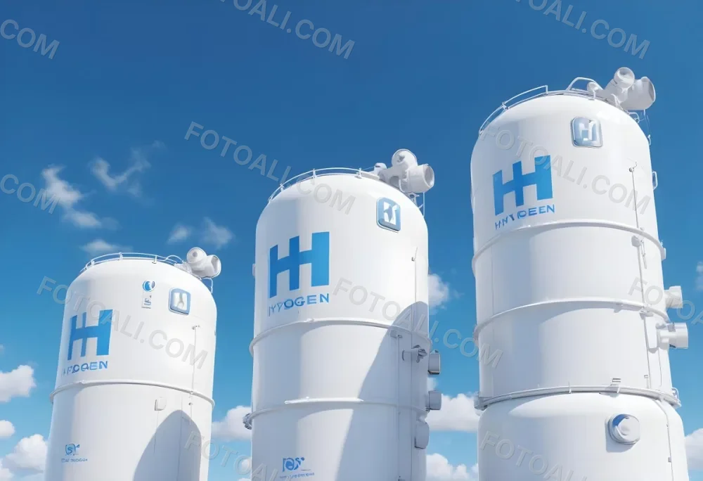 White Hydrogen Tanks With Blue H2 Labels Cylindrical Shape Industrial Design Against A Clear Blue Sky With Some Clouds Clean And Modern Aesthetic 19 A83b