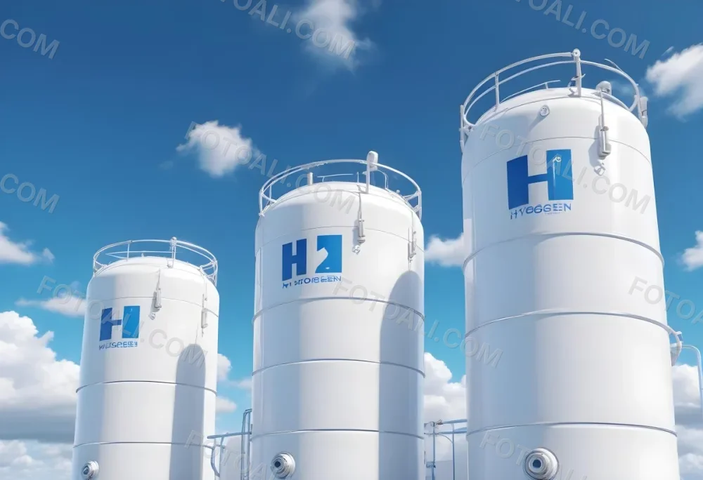 White Hydrogen Tanks With Blue H2 Labels Cylindrical Shape Industrial Design Against A Clear Blue Sky With Some Clouds Clean And Modern Aesthetic 2 Ace3