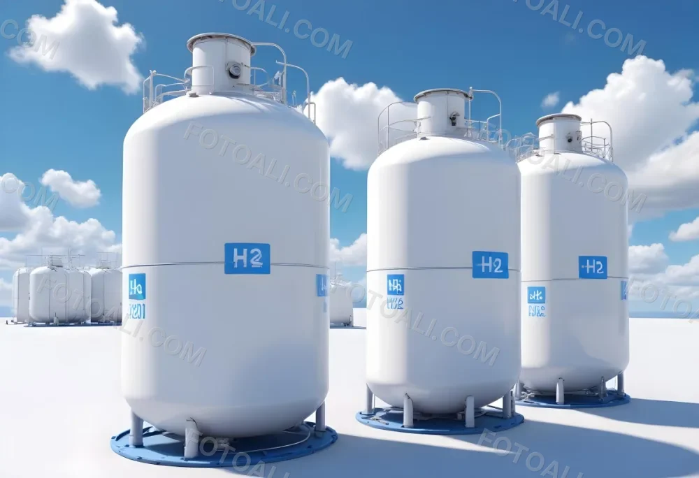 White Hydrogen Tanks With Blue H2 Labels Cylindrical Shape Industrial Design Against A Clear Blue Sky With Some Clouds Clean And Modern Aesthetic 24 9f7a