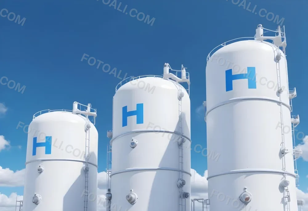White Hydrogen Tanks With Blue H2 Labels Cylindrical Shape Industrial Design Against A Clear Blue Sky With Some Clouds Clean And Modern Aesthetic 3 138c