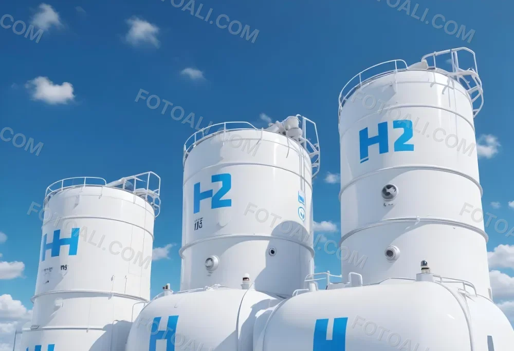 White Hydrogen Tanks With Blue H2 Labels Cylindrical Shape Industrial Design Against A Clear Blue Sky With Some Clouds Clean And Modern Aesthetic 4 7e52