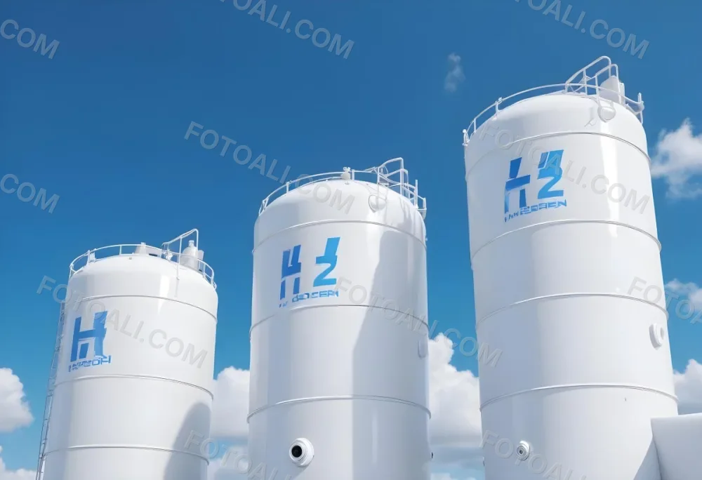 White Hydrogen Tanks With Blue H2 Labels Cylindrical Shape Industrial Design Against A Clear Blue Sky With Some Clouds Clean And Modern Aesthetic 6 C652