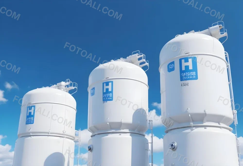 White Hydrogen Tanks With Blue H2 Labels Cylindrical Shape Industrial Design Against A Clear Blue Sky With Some Clouds Clean And Modern Aesthetic 9 E3c7