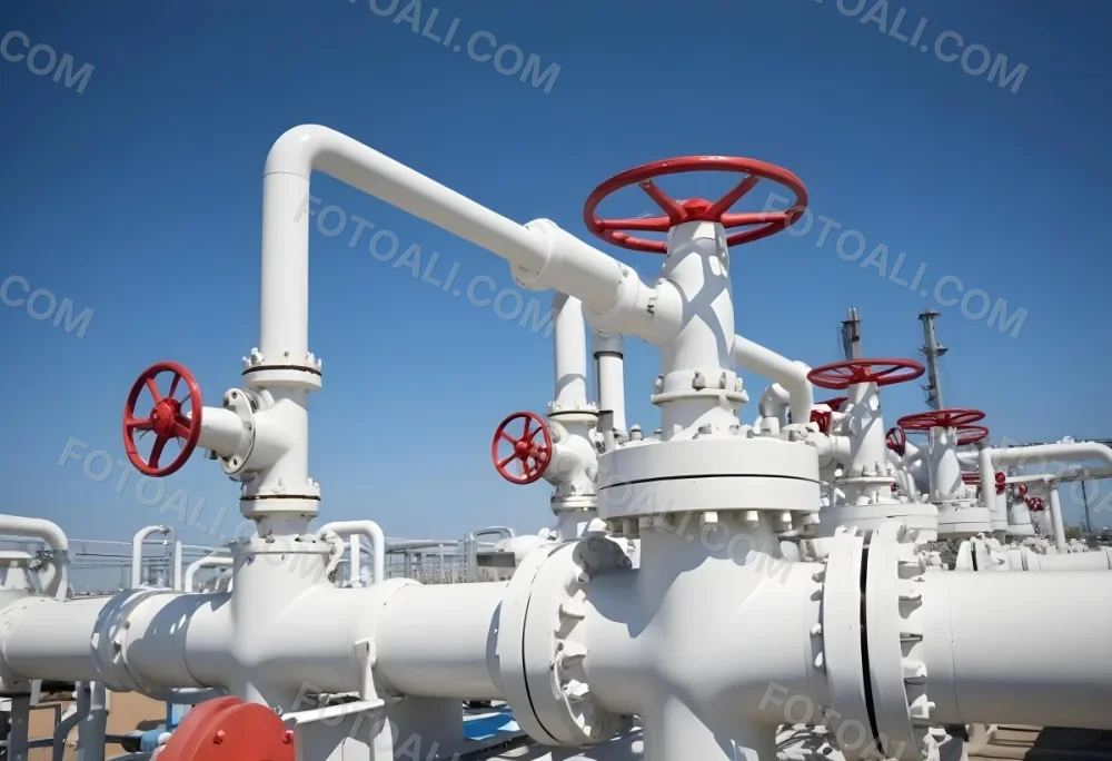 White Industrial Pipes With Blue Valves Against A Clear Blue Sky Metal Flanges And Joints Outdoor Setting Bright Sunlight Clean And Well Maintained Equipment 1 0501