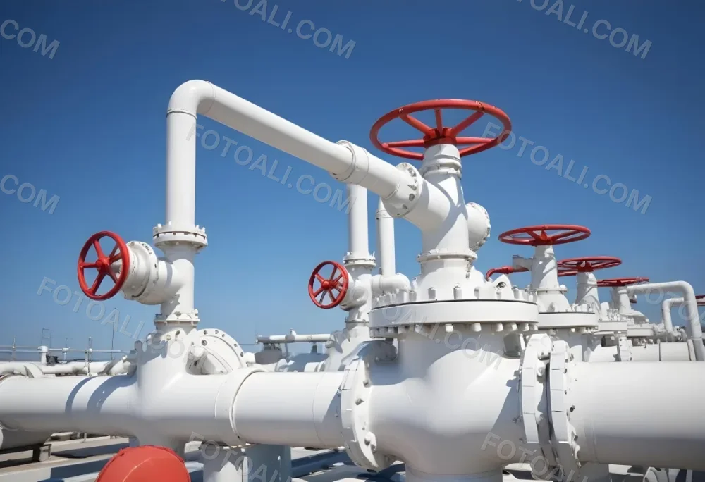 White Industrial Pipes With Blue Valves Against A Clear Blue Sky Metal Flanges And Joints Outdoor Setting Bright Sunlight Clean And Well Maintained Equipment 10 53f4