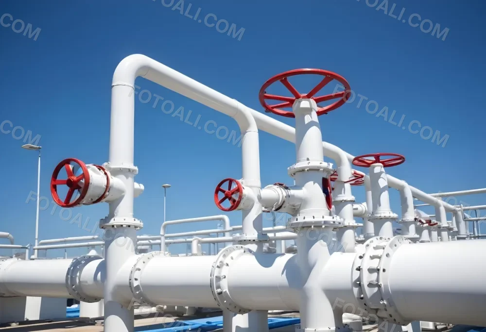 White Industrial Pipes With Blue Valves Against A Clear Blue Sky Metal Flanges And Joints Outdoor Setting Bright Sunlight Clean And Well Maintained Equipment 13 8018