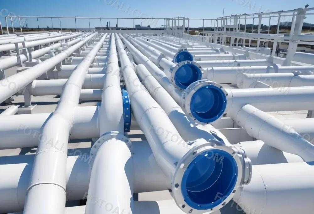 White Industrial Pipes With Blue Valves Against A Clear Blue Sky Metal Flanges And Joints Outdoor Setting Bright Sunlight Clean And Well Maintained Equipment 2 Ecdc