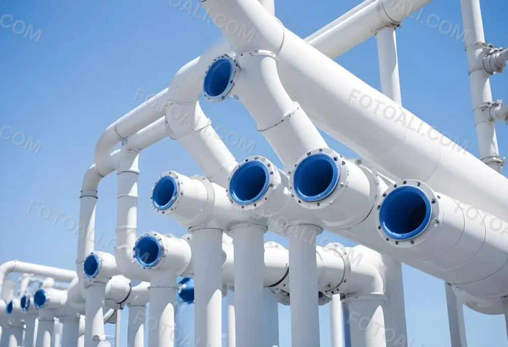 White Industrial Pipes With Blue Valves Against A Clear Blue Sky Metal Flanges And Joints Outdoor Setting Bright Sunlight Clean And Well Maintained Equipment 3 47f9