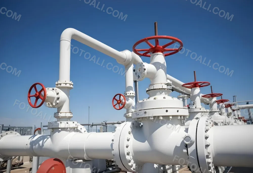 White Industrial Pipes With Blue Valves Against A Clear Blue Sky Metal Flanges And Joints Outdoor Setting Bright Sunlight Clean And Well Maintained Equipment 4 B833