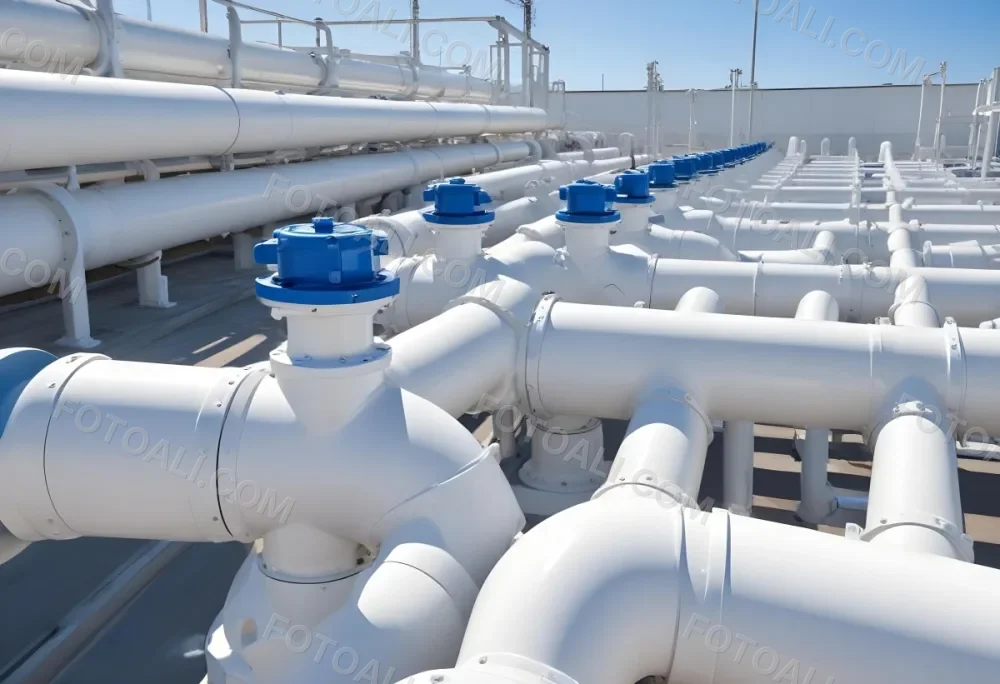 White Industrial Pipes With Blue Valves Against A Clear Blue Sky Metal Flanges And Joints Outdoor Setting Bright Sunlight Clean And Well Maintained Equipment 7 7036