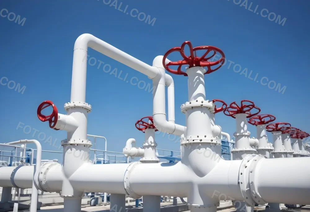 White Industrial Pipes With Blue Valves Against A Clear Blue Sky Metal Flanges And Joints Outdoor Setting Bright Sunlight Clean And Well Maintained Equipment 8 7cdd