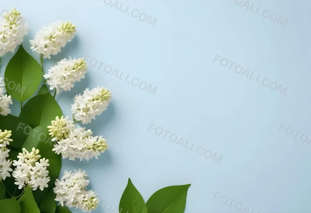 White Lilac Flowers With Green Leaves On A Light Blue Background Top View Soft Lighting Clean Composition Minimalist Style Fresh And Vibrant 23 F2ef