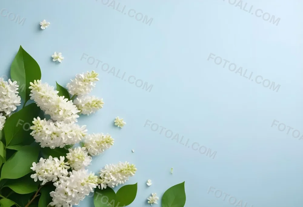 White Lilac Flowers With Green Leaves On A Light Blue Background Top View Soft Lighting Clean Composition Minimalist Style Fresh And Vibrant 39 E00d