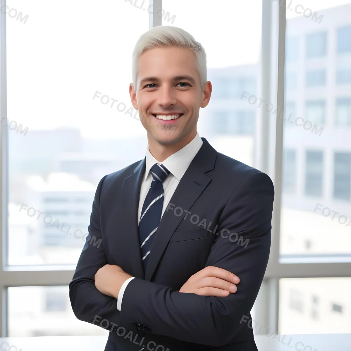 White Man 35 Years Old With Short White Hair Wearing A Suit And Tie Smiling In An Office 1 899f