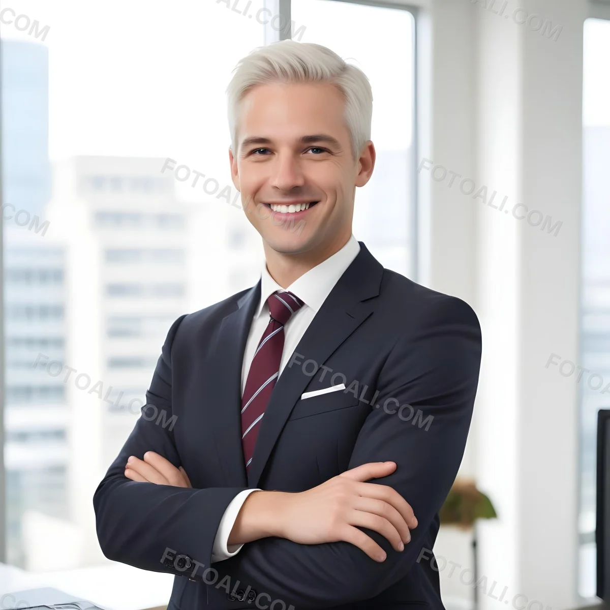 White Man 35 Years Old With Short White Hair Wearing A Suit And Tie Smiling In An Office 3 1044