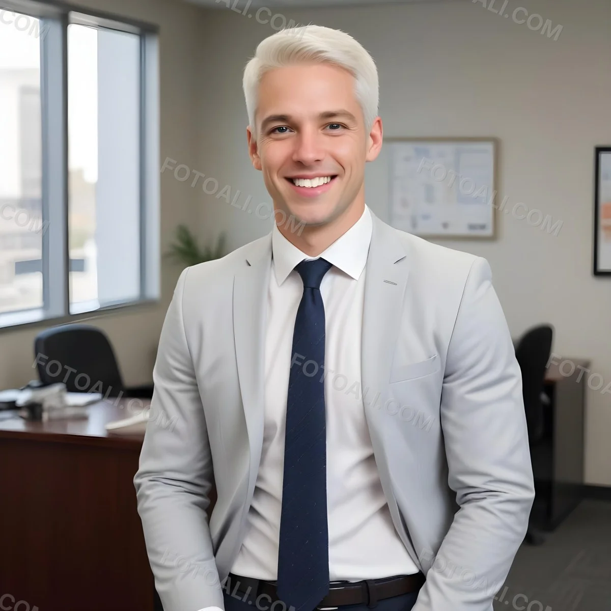 White Man 35 Years Old With Short White Hair Wearing A Suit And Tie Smiling In An Office 4 F9d0