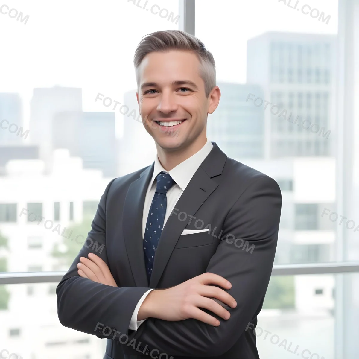 White Man 35 Years Old With Short White Hair Wearing A Suit And Tie Smiling In An Office 7 9e27