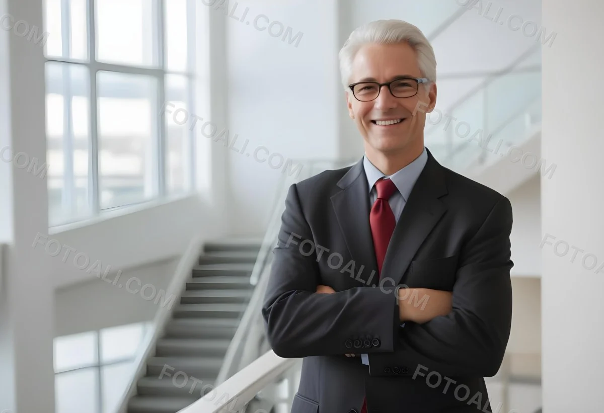 White Man 50 Years Old With White Hair And Glasses Wearing A Suit And A Red Tie Smiling In An Office Environment With A Staircase In The Background 1 Be40