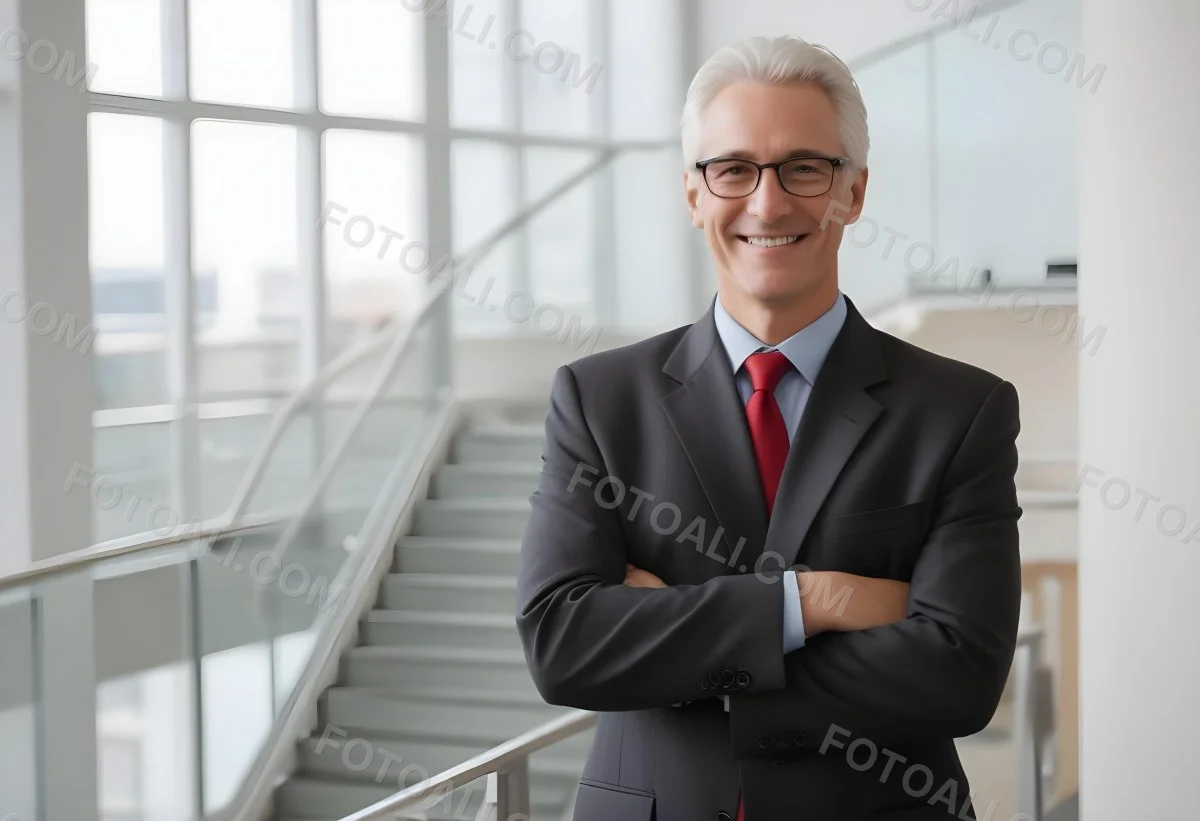 White Man 50 Years Old With White Hair And Glasses Wearing A Suit And A Red Tie Smiling In An Office Environment With A Staircase In The Background 10 A3bf