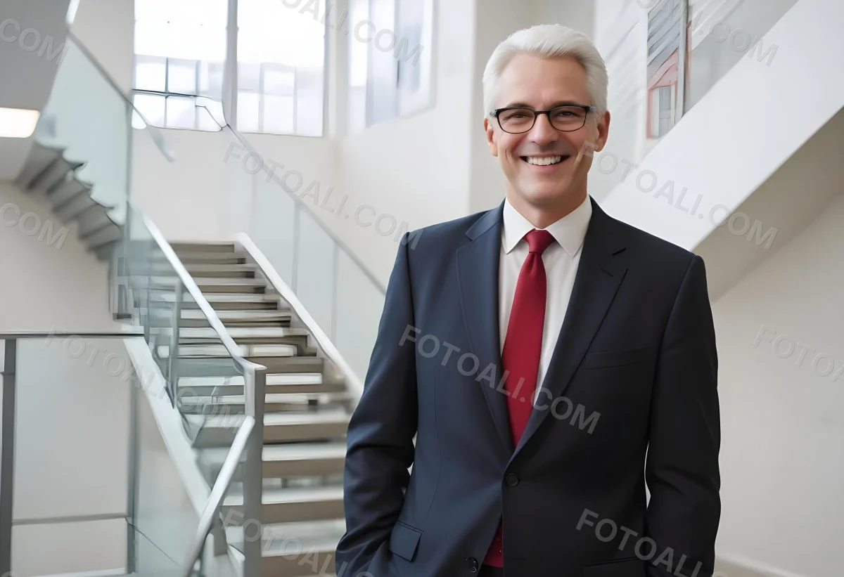 White Man 50 Years Old With White Hair And Glasses Wearing A Suit And A Red Tie Smiling In An Office Environment With A Staircase In The Background 11 6b32