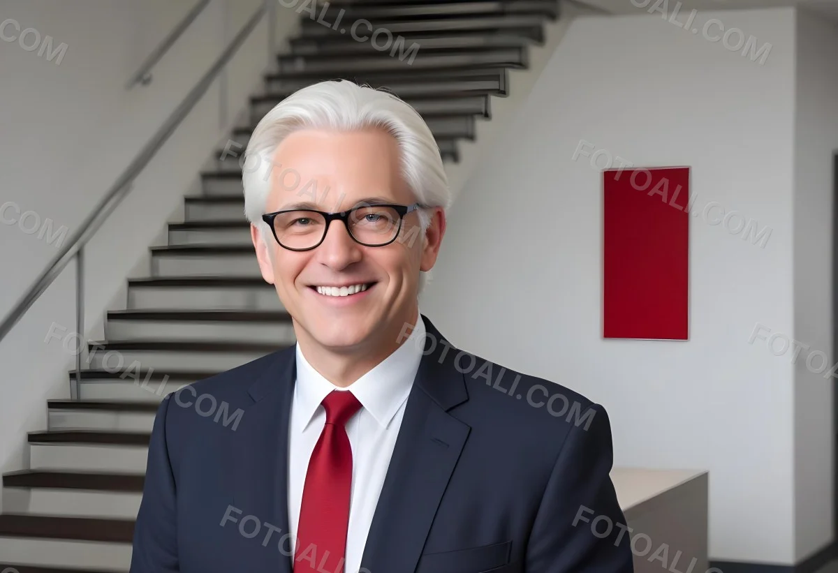 White Man 50 Years Old With White Hair And Glasses Wearing A Suit And A Red Tie Smiling In An Office Environment With A Staircase In The Background 13 9fc9