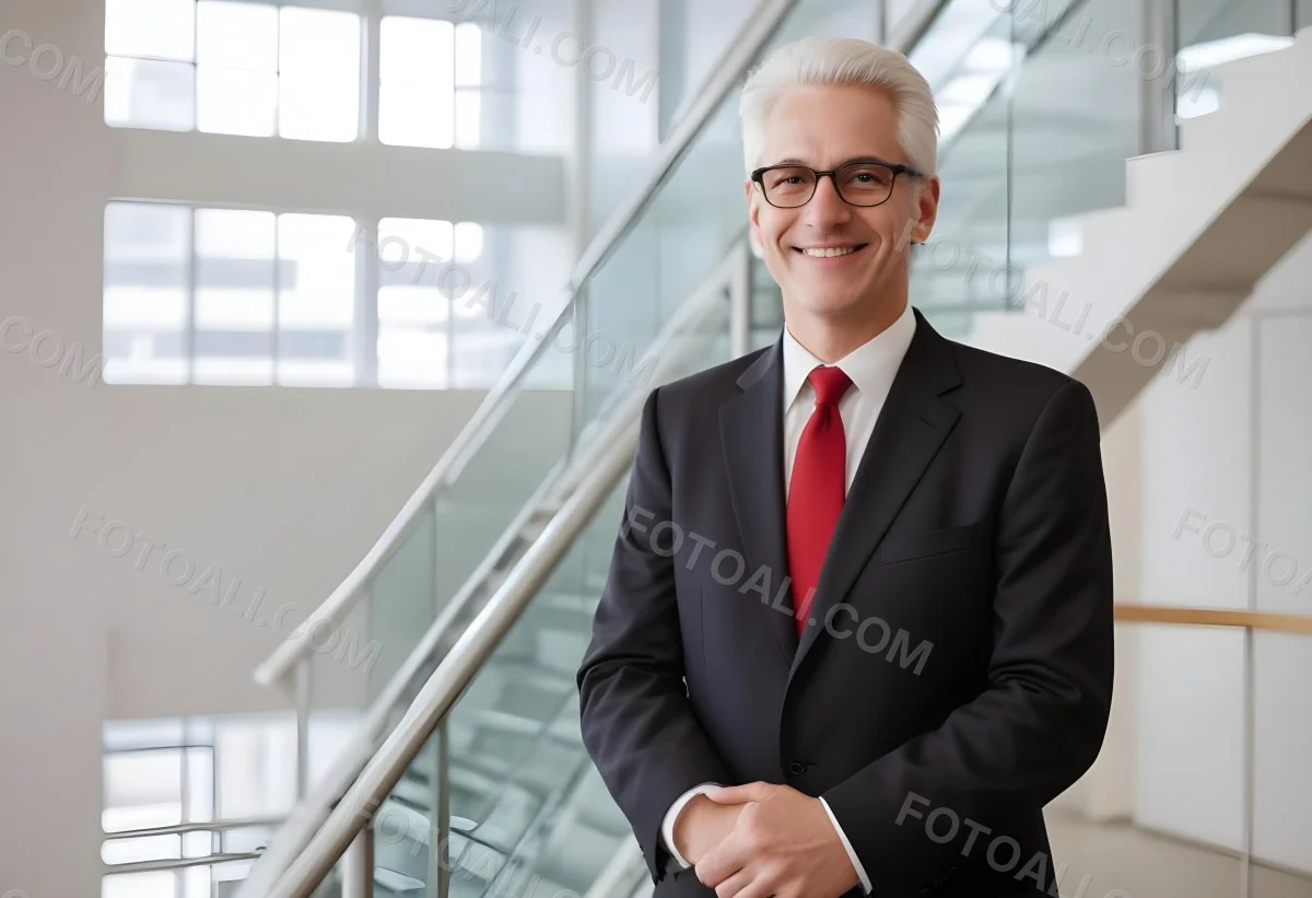 White Man 50 Years Old With White Hair And Glasses Wearing A Suit And A Red Tie Smiling In An Office Environment With A Staircase In The Background 14 D8d9