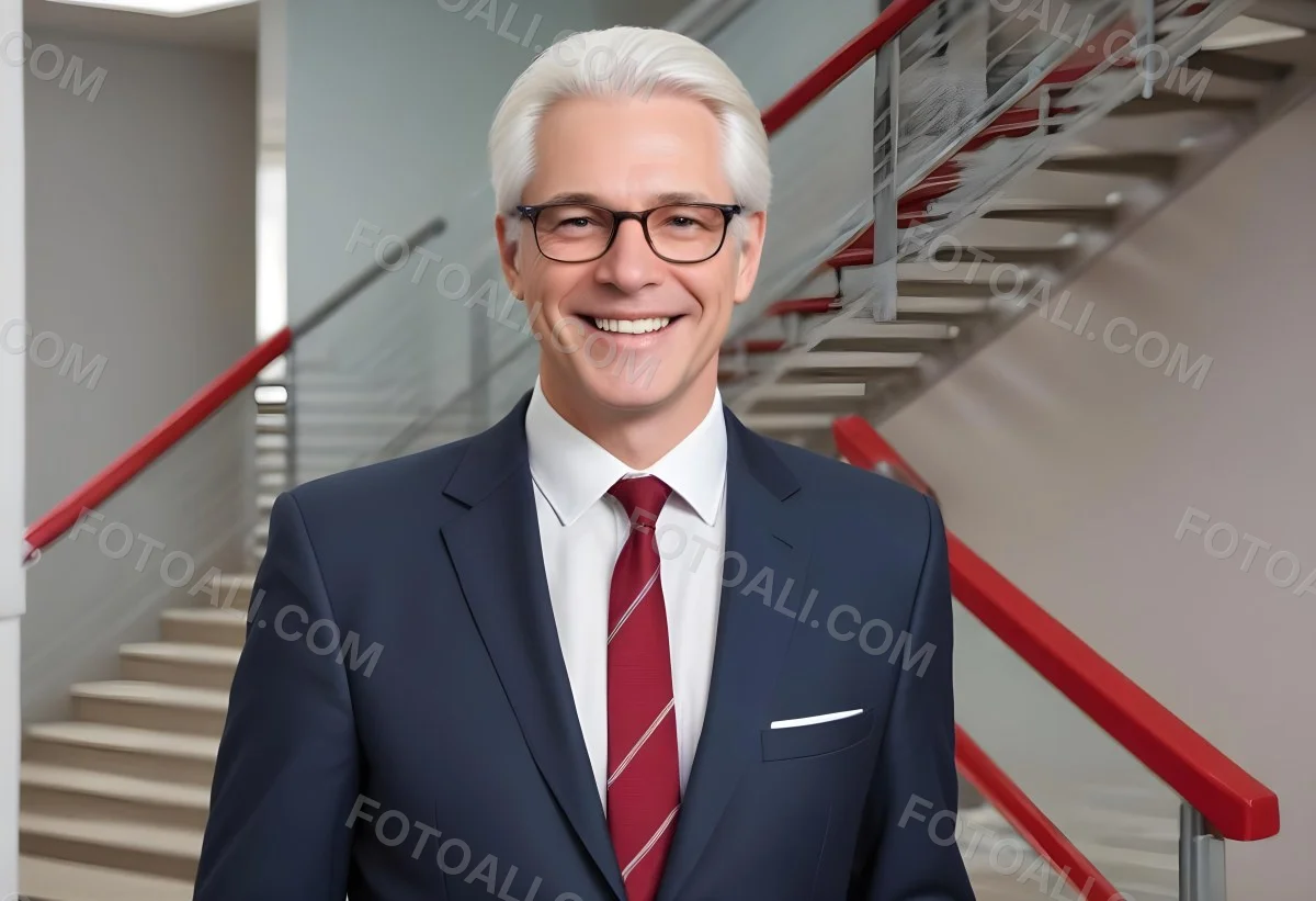 White Man 50 Years Old With White Hair And Glasses Wearing A Suit And A Red Tie Smiling In An Office Environment With A Staircase In The Background 15 7031
