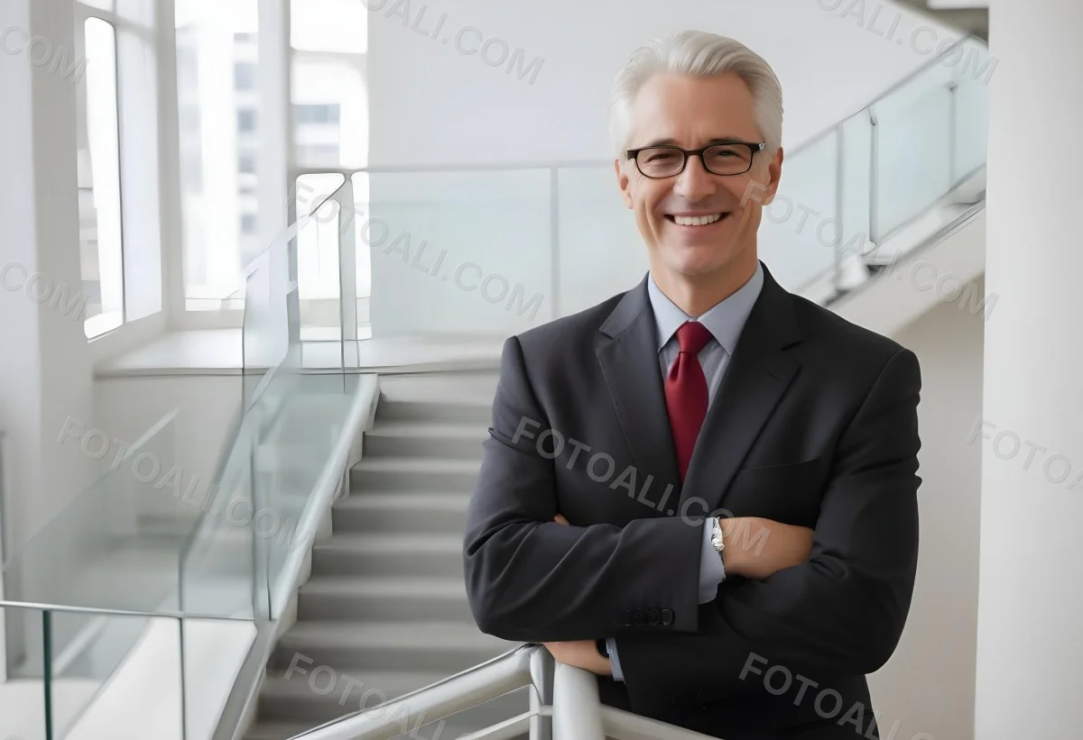 White Man 50 Years Old With White Hair And Glasses Wearing A Suit And A Red Tie Smiling In An Office Environment With A Staircase In The Background 2 C00c