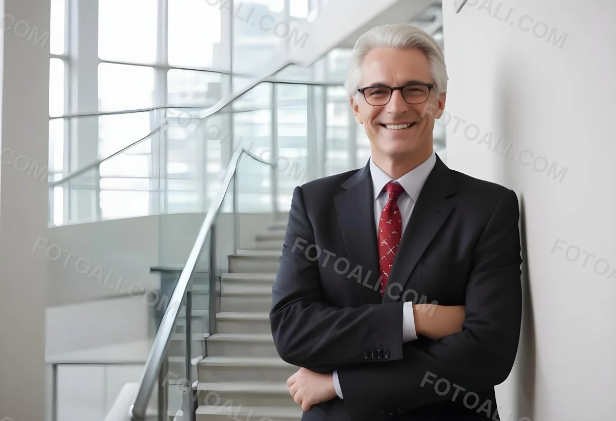 White Man 50 Years Old With White Hair And Glasses Wearing A Suit And A Red Tie Smiling In An Office Environment With A Staircase In The Background 3 6ed3
