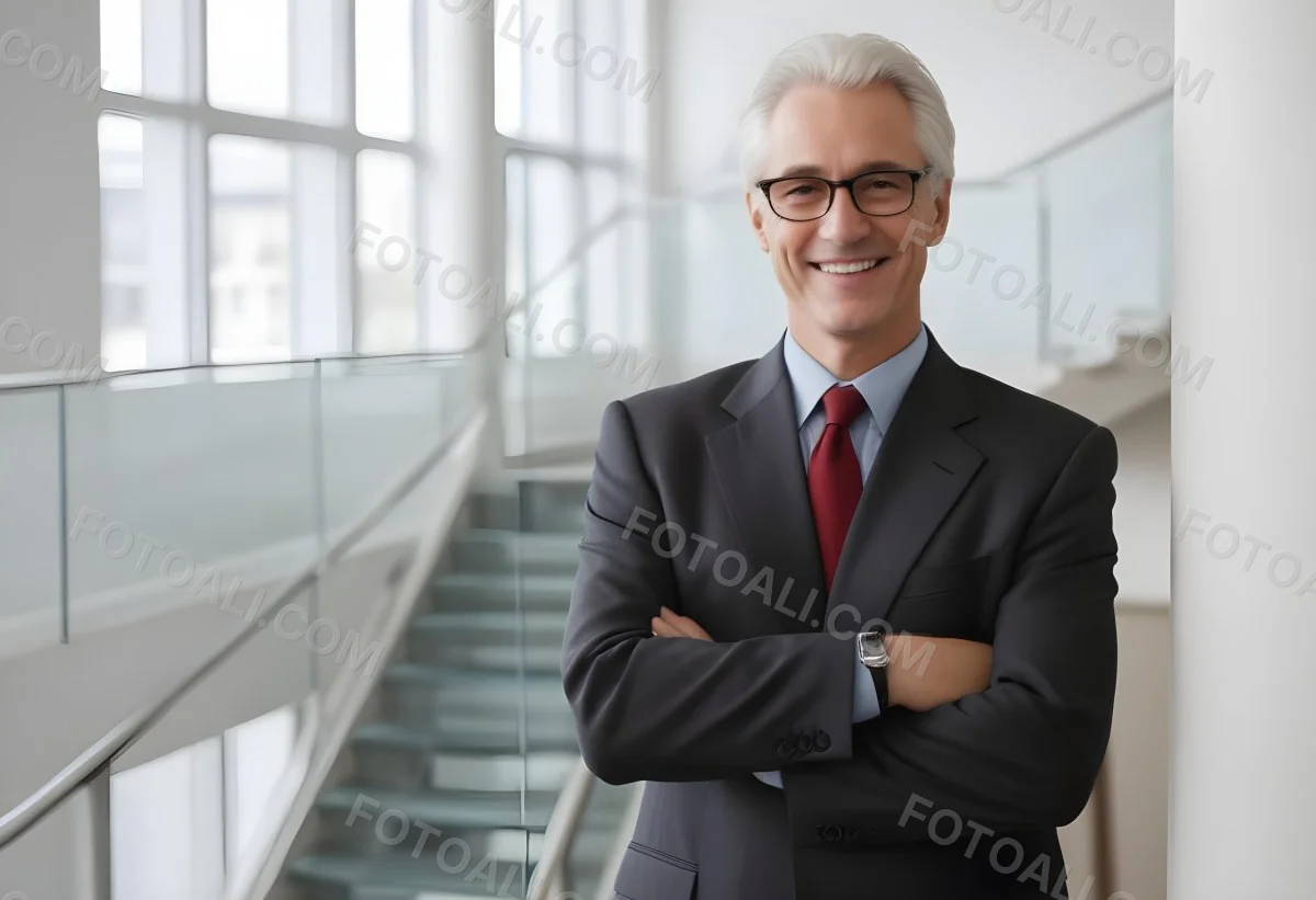 White Man 50 Years Old With White Hair And Glasses Wearing A Suit And A Red Tie Smiling In An Office Environment With A Staircase In The Background 4 A722