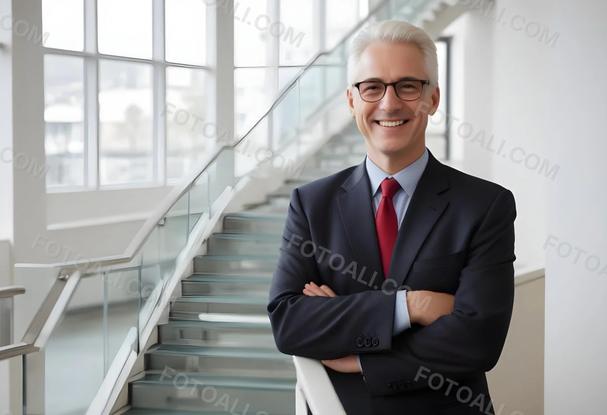 White Man 50 Years Old With White Hair And Glasses Wearing A Suit And A Red Tie Smiling In An Office Environment With A Staircase In The Background 5 015c