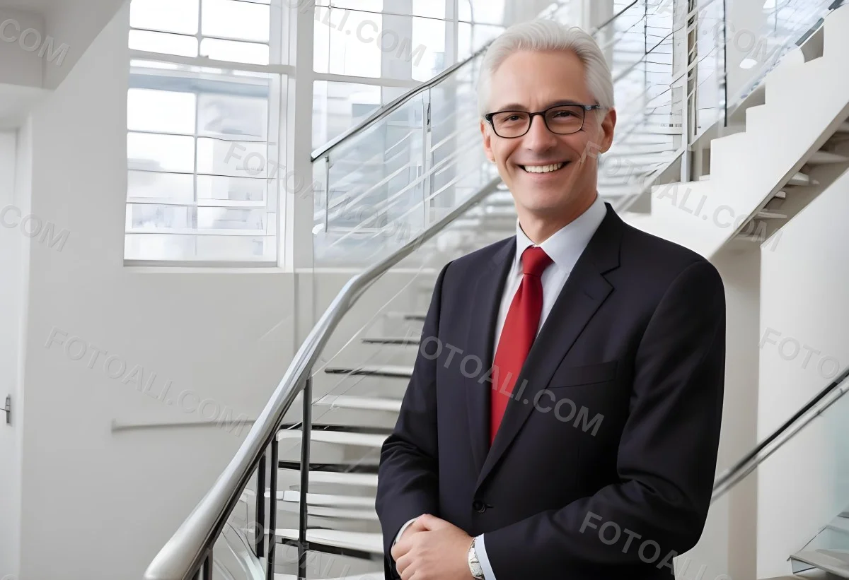 White Man 50 Years Old With White Hair And Glasses Wearing A Suit And A Red Tie Smiling In An Office Environment With A Staircase In The Background 6 3ab1