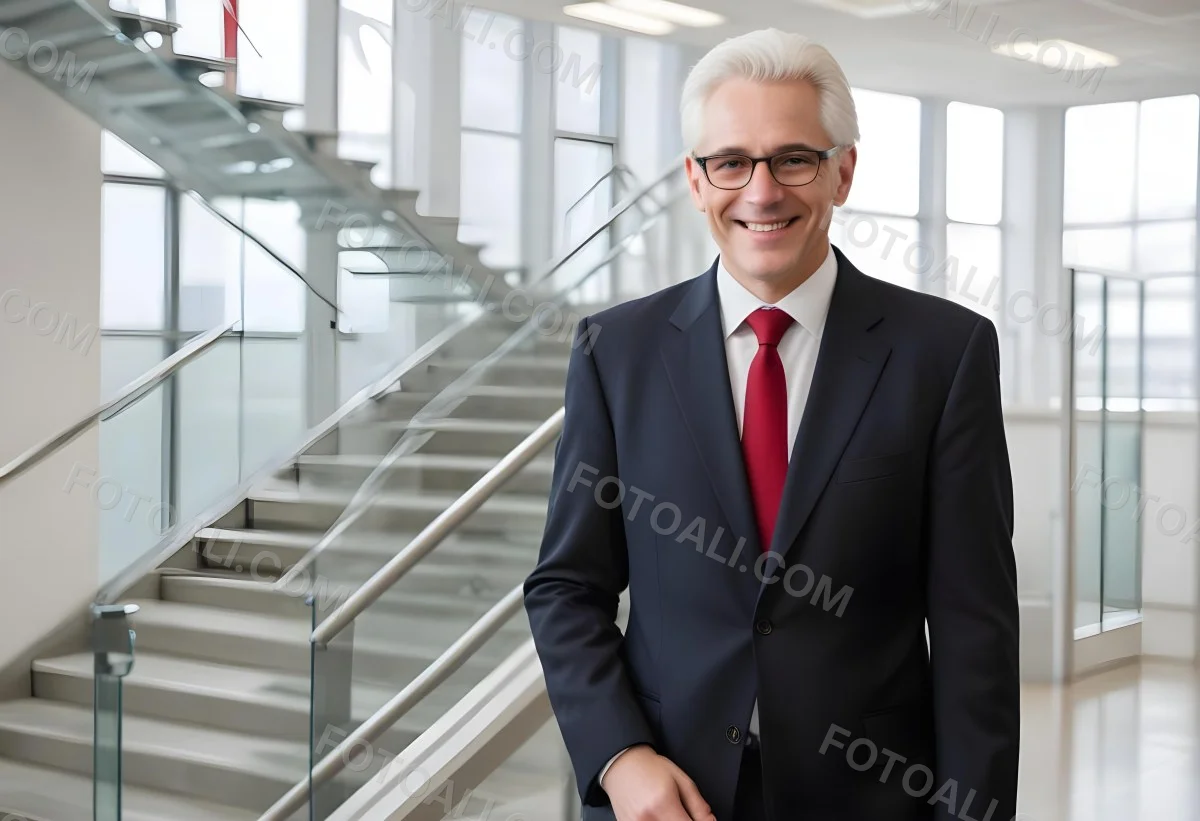 White Man 50 Years Old With White Hair And Glasses Wearing A Suit And A Red Tie Smiling In An Office Environment With A Staircase In The Background 8 25ba