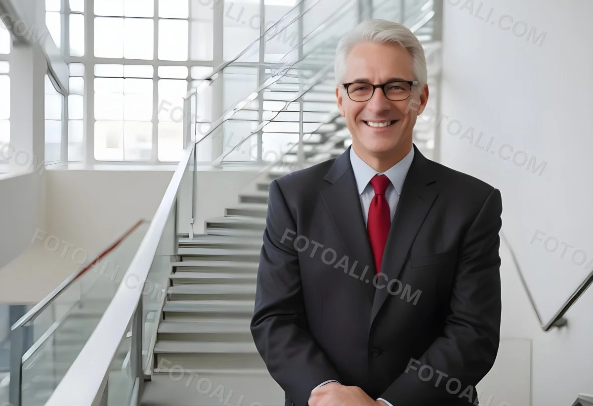White Man 50 Years Old With White Hair And Glasses Wearing A Suit And A Red Tie Smiling In An Office Environment With A Staircase In The Background 9 E30f