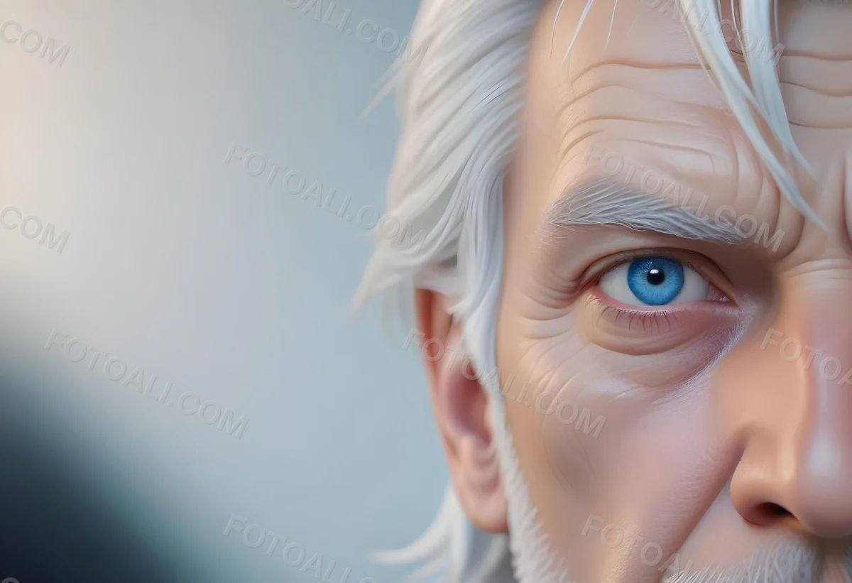 White Man 65 Years Old With Blue Eyes And White Hair Half Face In The Right Side Of The Image Blurred Background 21 15e0