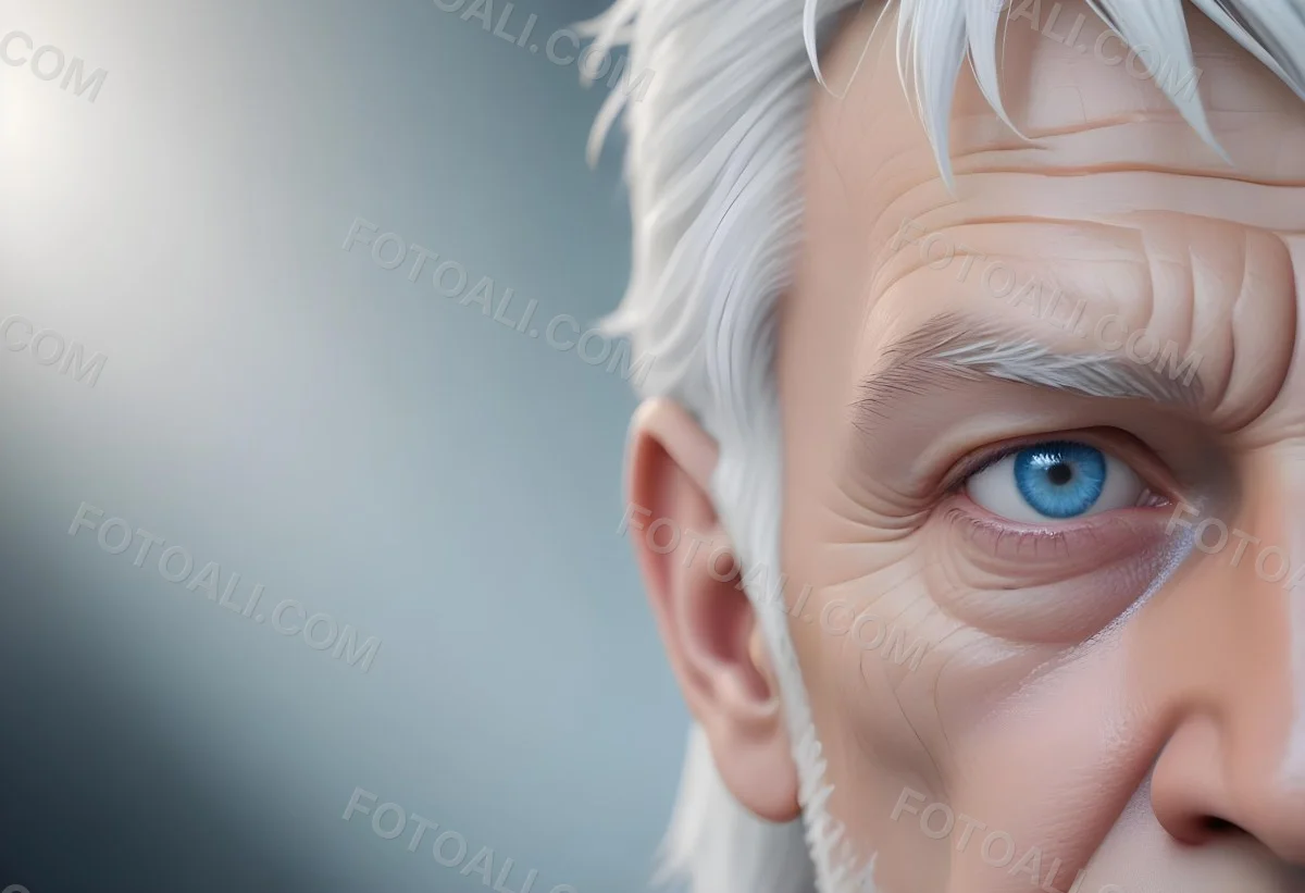 White Man 65 Years Old With Blue Eyes And White Hair Half Face In The Right Side Of The Image Blurred Background 3 142c