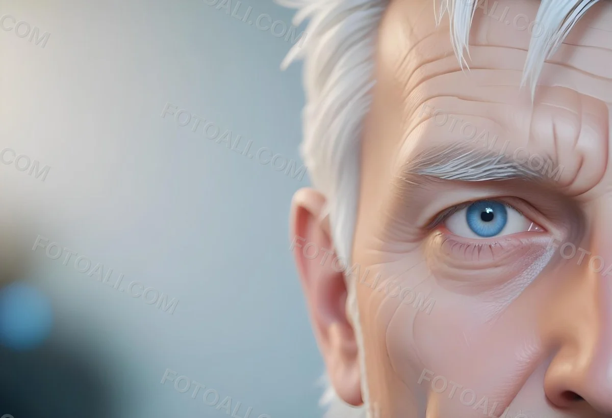 White Man 65 Years Old With Blue Eyes And White Hair Half Face In The Right Side Of The Image Blurred Background 7 8f32