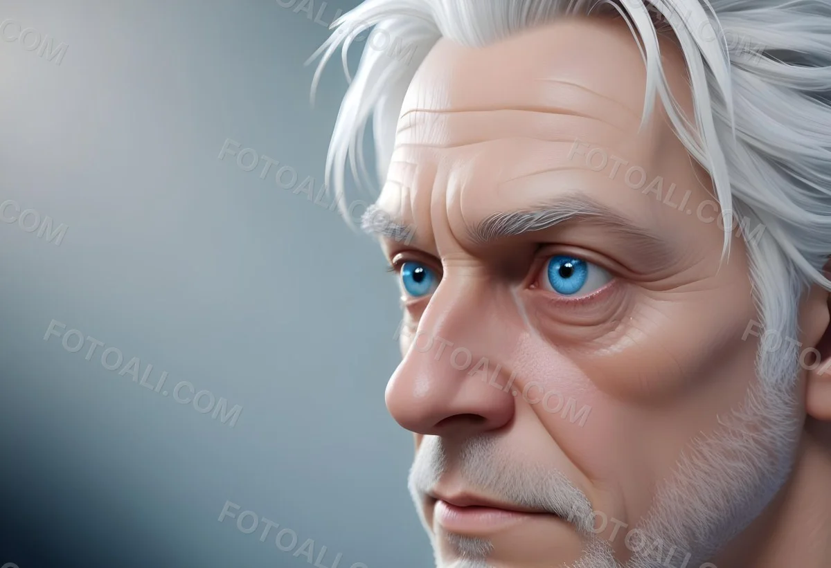 White Man 65 Years Old With Blue Eyes And White Hair Half Face In The Right Side Of The Image Blurred Background 8 A62e