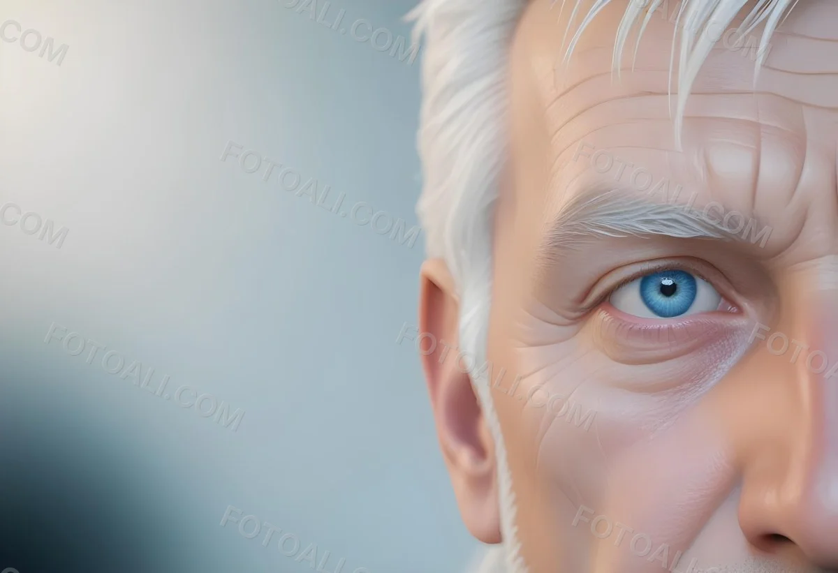 White Man 65 Years Old With Blue Eyes And White Hair Half Face In The Right Side Of The Image Blurred Background 9 04a7