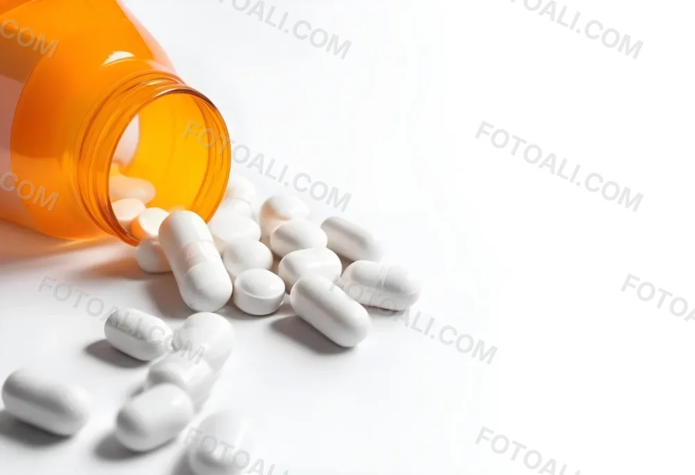 White Pills Spilling Out Of An Orange Pill Bottle On A White Surface Studio Shot 1 306b