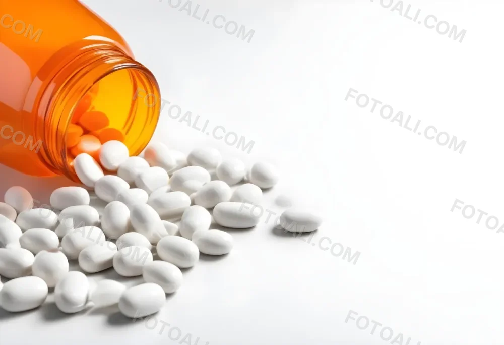 White Pills Spilling Out Of An Orange Pill Bottle On A White Surface Studio Shot 11 E52d