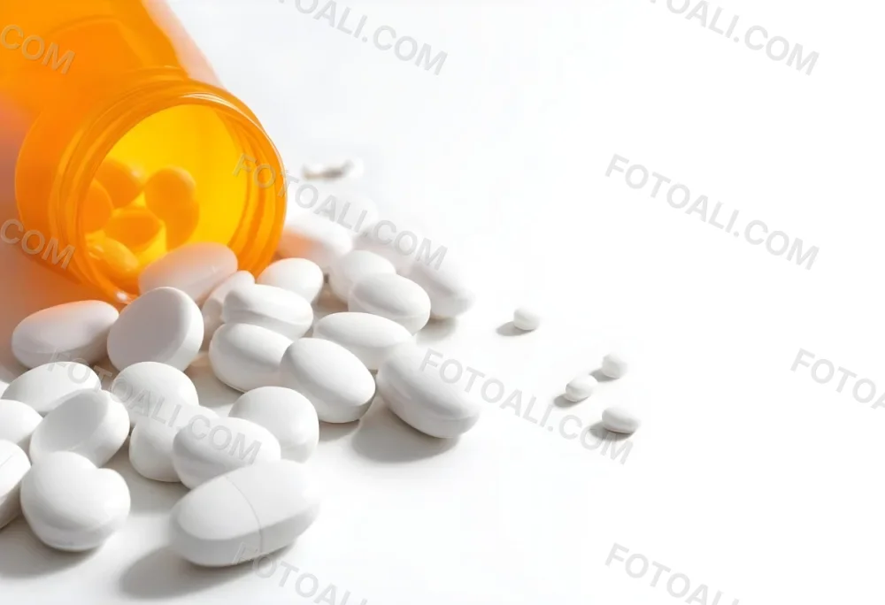 White Pills Spilling Out Of An Orange Pill Bottle On A White Surface Studio Shot 2 8058