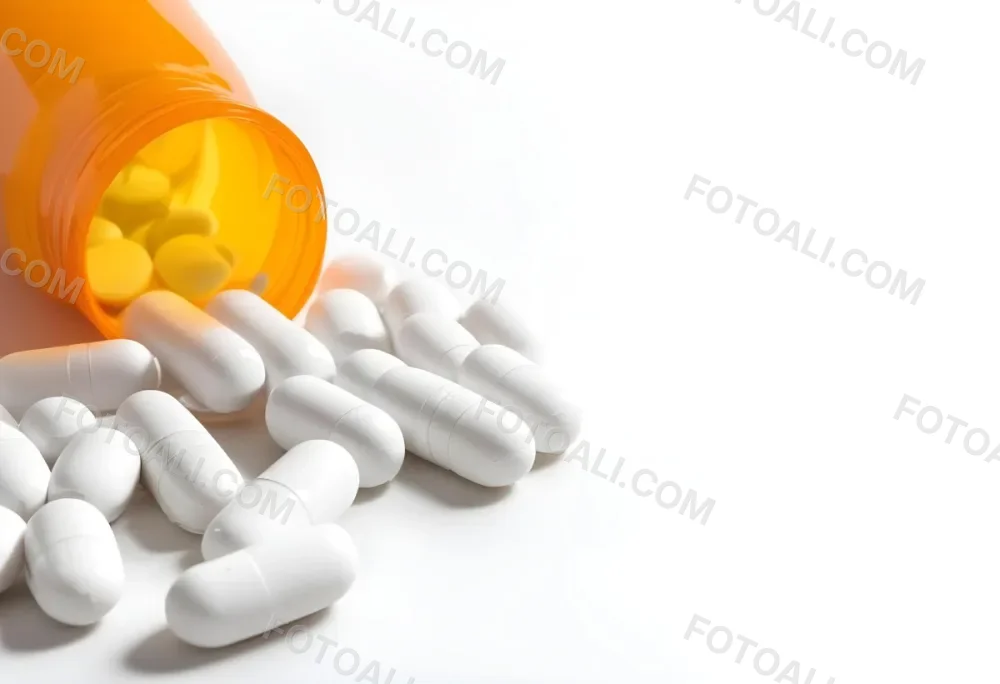 White Pills Spilling Out Of An Orange Pill Bottle On A White Surface Studio Shot 3 0e86