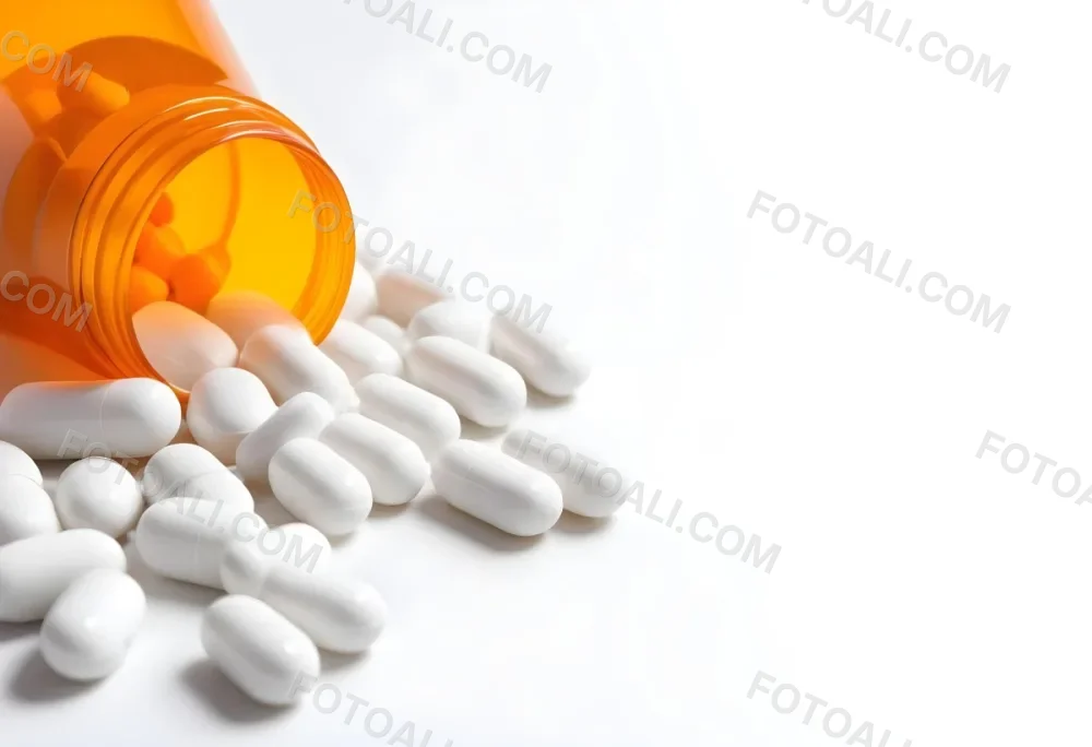White Pills Spilling Out Of An Orange Pill Bottle On A White Surface Studio Shot 4 6cde