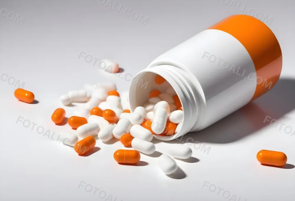 White Pills Spilling Out Of An Orange Pill Bottle On A White Surface Studio Shot 5 3cac