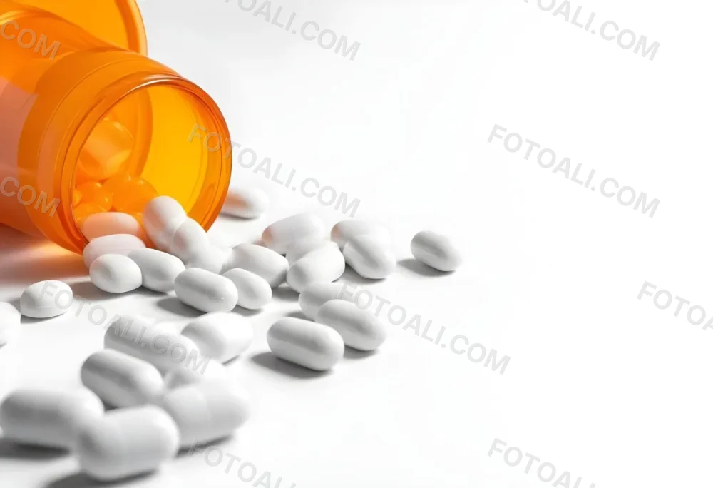 White Pills Spilling Out Of An Orange Pill Bottle On A White Surface Studio Shot 6 2829