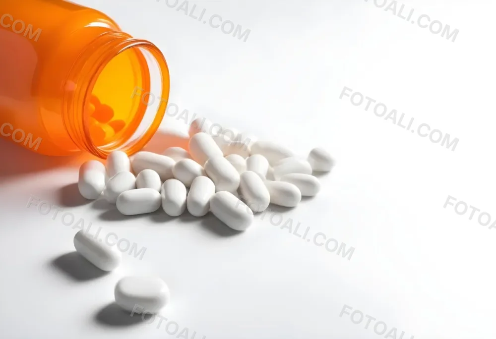 White Pills Spilling Out Of An Orange Pill Bottle On A White Surface Studio Shot 7 C309