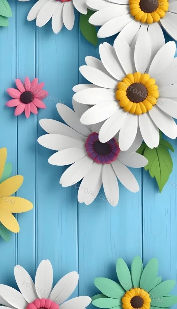 White Pink And Yellow Daisies On A Blue Wooden Background 11 7c6d